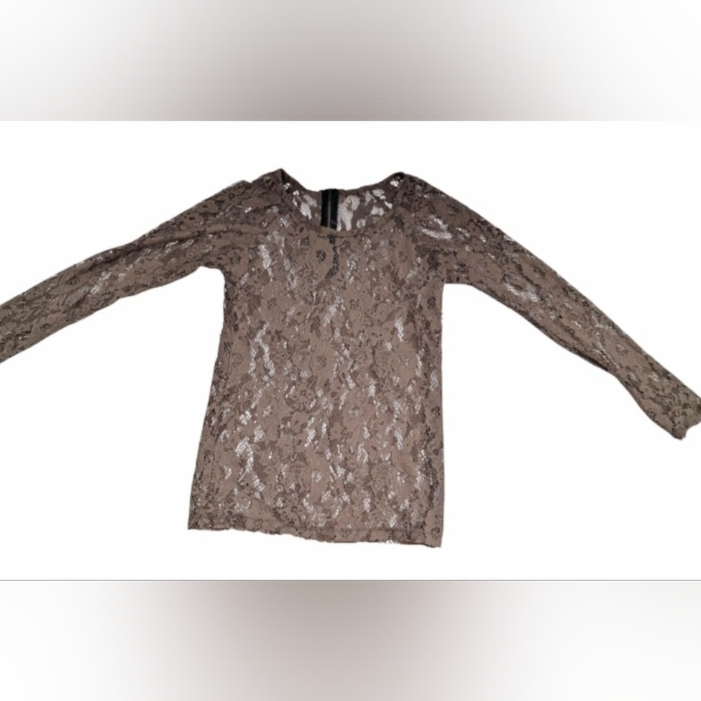 Zara Women's Khaki Green/Brown Long-Sleeve Lace Cut-Out Blouse/Top